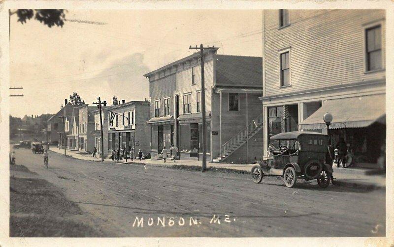 Monson ME Main Street Storefronts Old Car at Gas Pump Real Photo Postcard