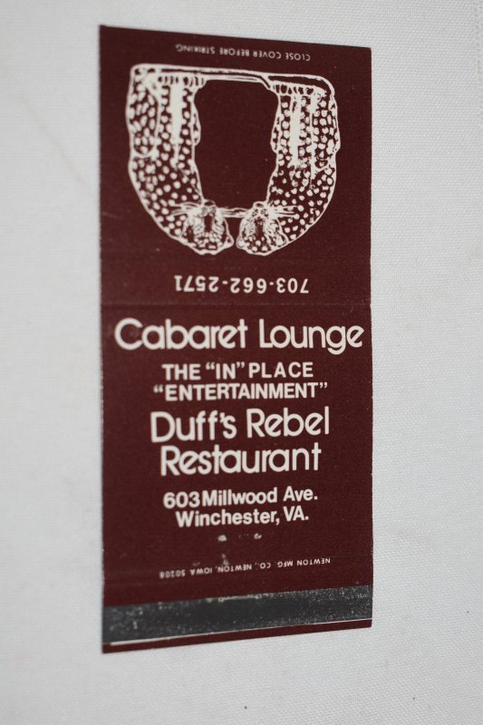 Duff's Rebel Restaurant Winchester VA Brown 30 Front Strike Matchbook Cover