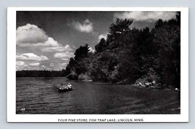 Lincoln Minnesota Fish Trap Lake Four Pine Store Scenic BW Cancel WOB Postcard 