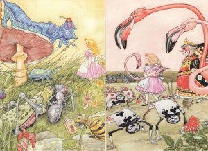 Alice In Wonderland Playing Cards Caterpillar 2x Art Postcard s