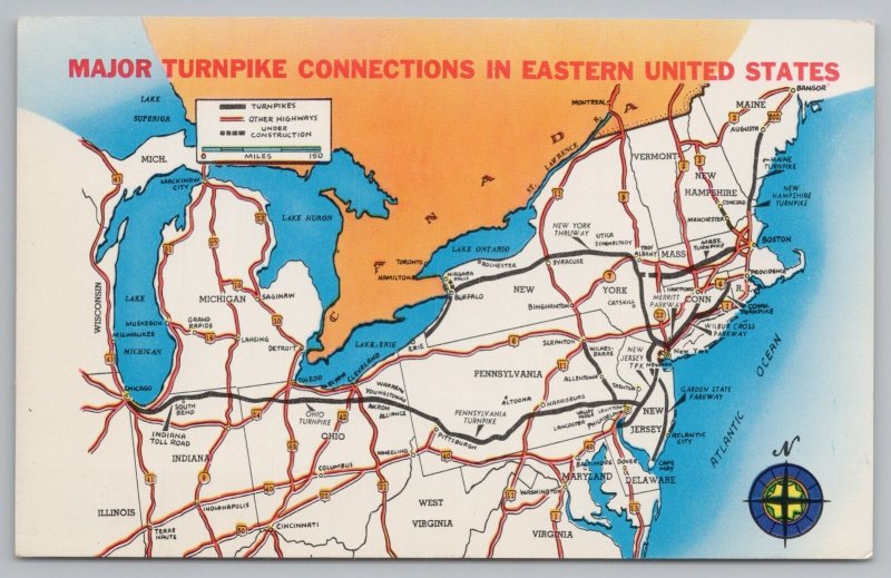 Eastern US~New York Ohio MI DE NJ ME PA~Major Turnpike Connections Map~1950s PC 