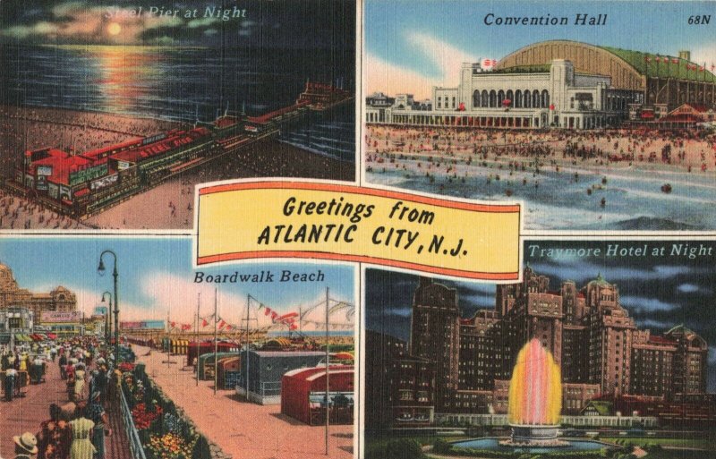 Greetings from Atlantic City, N.J. Boardwalk Beach, Traymore Hotel Postcard