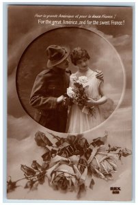 France Postcard RPPC Photo US Army Romance Flowers WWI c1910's Unposted Antique