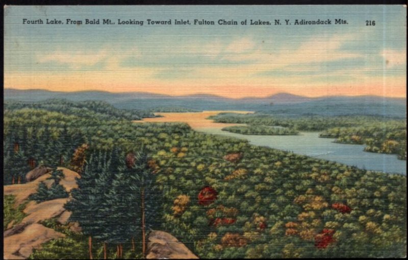 NY ADIRONDACK Fourth Lake from Bald Mt Fulton Chain of Lakes - pm1950 - LINEN