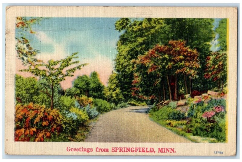 1946 Greetings From Exterior View Trees Springfield Minnesota Vintage Postcard