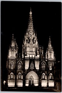 La Catedral Con La Nueva Ilumonacion Barcelona Spain Real Photo RPPC Postcard