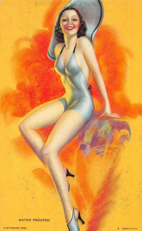 Pin-up Girl Bathing Beauty Blue Swimsuit Mutoscope Vintage Arcade Card AA1173