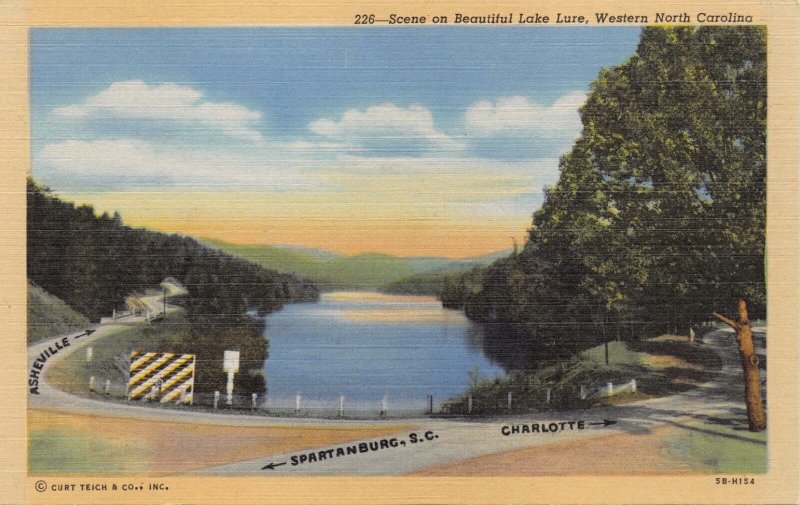 BEAUTIFUL LAKE LURE WESTERN NORTH CAROLINA~DIRECTION LABELS POSTCARD 1940s