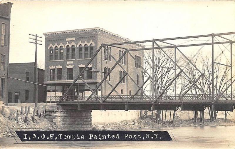 Painted Post NY I.O.O.F. Temple Iron Bridge Real Photo Postcard 