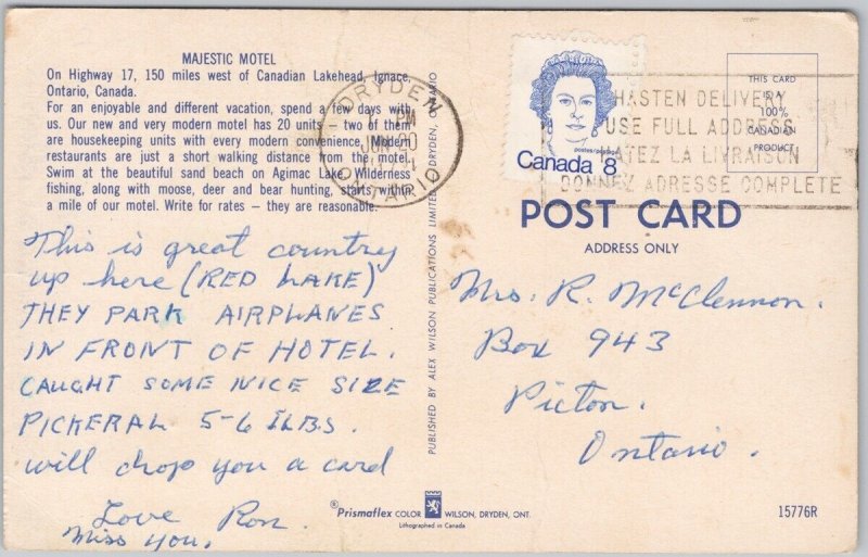 Majestic Motel Ignace Ontario ON Dryden ONT Cancel Postcard H64 *as is