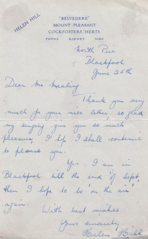 Helen Hill Actress Hand Signed Ephemera ORIGINAL Letter