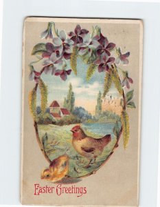 Postcard Easter Greetings with Birds Flowers Embossed Art Print