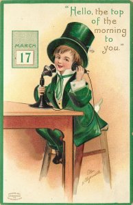 Embossed St. Patrick's Day Clapsaddle Postcard Little Boy On Telephone #931