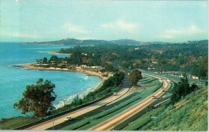 Aerial View Santa Barbara Coastline California Old Cars Vintage Postcard