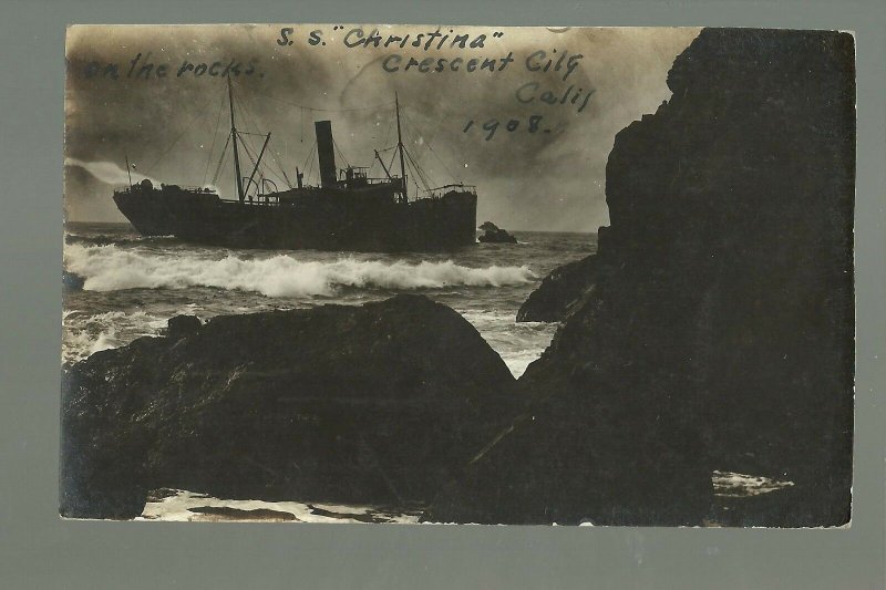 Crescent City CALIFORNIA RP 1908 SHIPWRECK Night Shot S.S. CHRISTINA nr Klamath