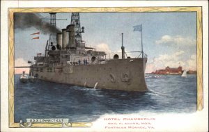 Fortress Monroe VA Hotel Chamberlin USS Connecticut Battleship c1910 Postcard