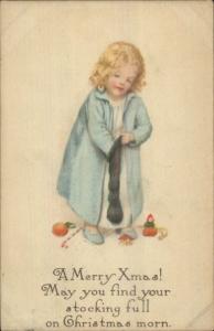 Christmas - Little Girl Going Thru Stocking c1915 Gibson Postcard