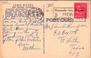 Jung Hotel New Orleans LA Louisana Linen Postcard PM Cancel WOB Note VTG 2c 