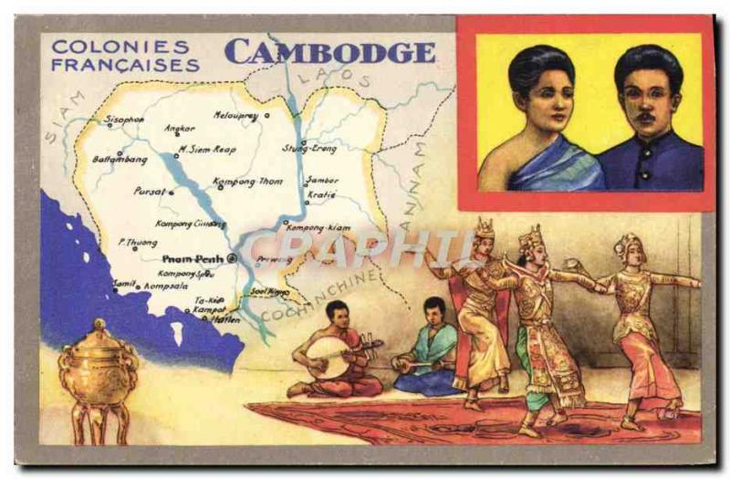 Postcard Ancient Map Geographic Cambodia Annam Black Lion