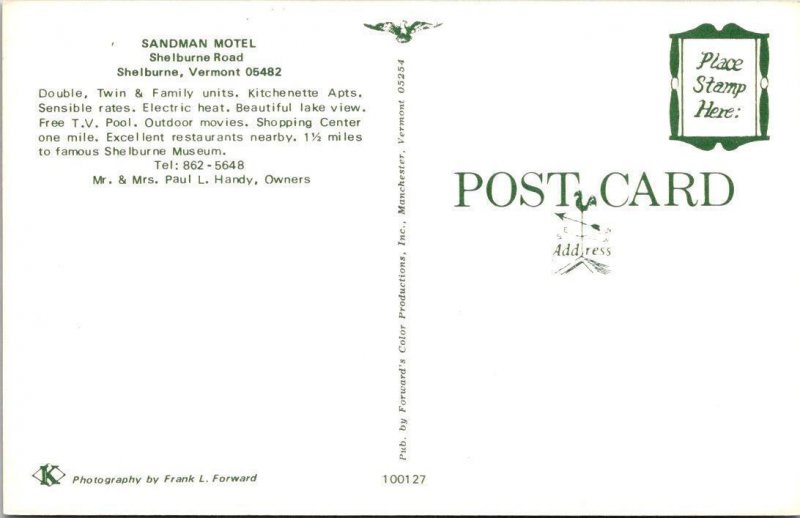 Shelburne, VT Vermont  SANDMAN MOTEL~Paul L Handy  ROOM/TV  Roadside  Postcard