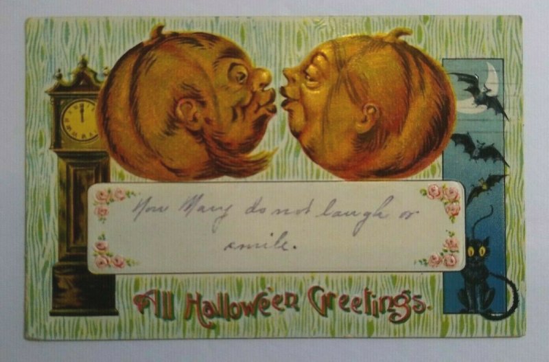 Vintage Halloween Postcard Gottschalk Kissing Goblins Bats Black Cat Series 2276