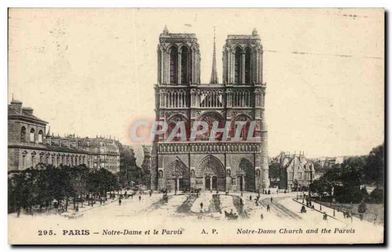 Old Postcard Notre Dame Paris and the court
