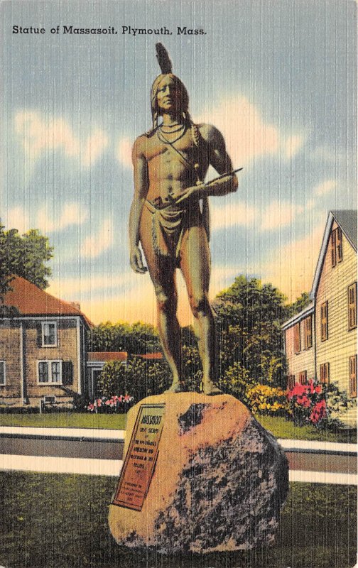 Plymouth Massachusetts 1940-50s Postcard Statue of Massasoit