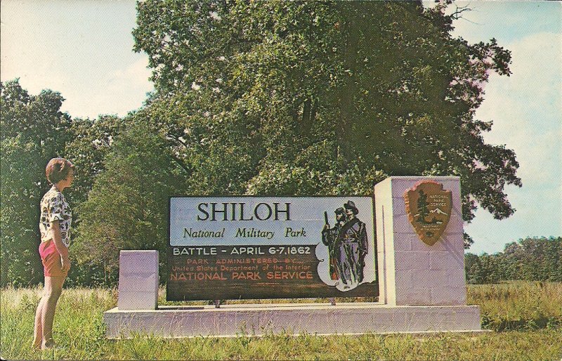 Shiloh TN, Civil War Battlefield Park, Cannon, Artillery, 1960's, Girl at Sign