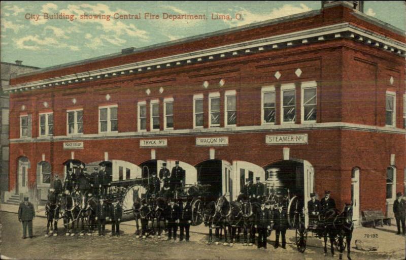 Lima OH Fire Station & Steam Engines c1910 Postcard