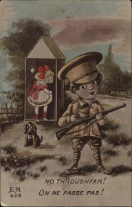 WWI Little Boy French Soldier with Gun Stops Little Girl c1910 Postcard