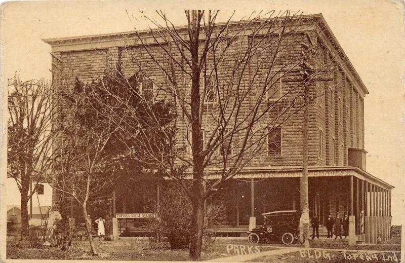 Topeka Indiana~Parks Building~Meat Market @ Left~Music Store @ Right~c1910 Pc