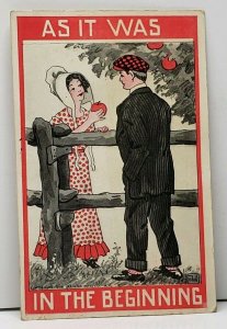 As It Was In The Beginning Man Woman & An Apple by Wall Jolly Lovers Postcard E9