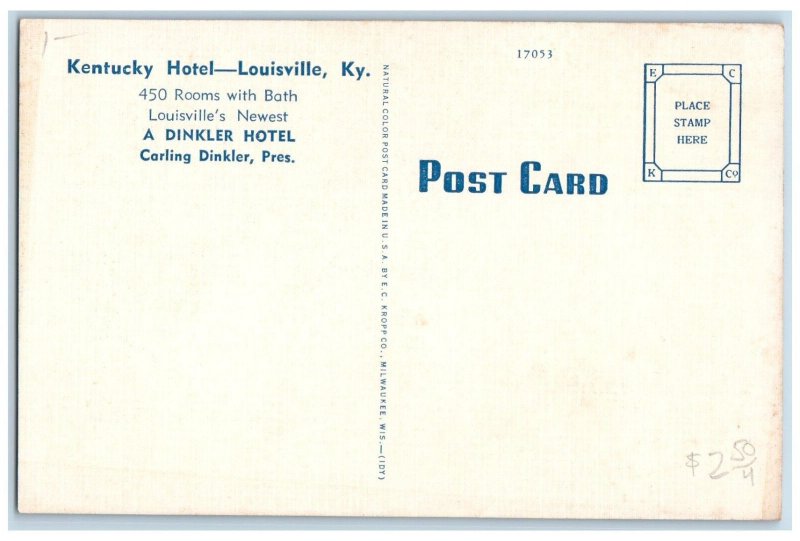 Louisville Kentucky KY Postcard Kentucky Hotel Exterior Building c1940 Vintage