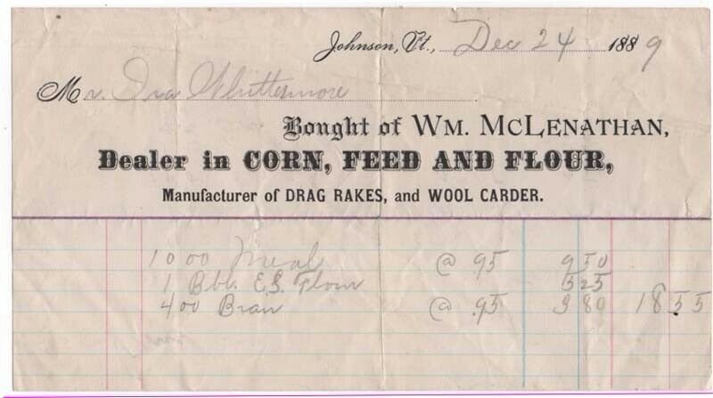 1889 Billhead, Wm. McLenathan, Dealer in Corn, Feed & Flour,  Johnson, Vermont