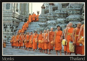 Vintage Postcard Monks Tak-Bat-Devo Buddhist Temple Of Dawn Bangkok Thailand