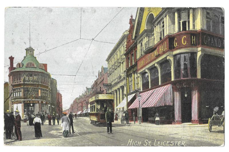 High St, Leicester PPC, 1905 Local PMK, W Grand Clothing Hall & Hoggetts Tailors