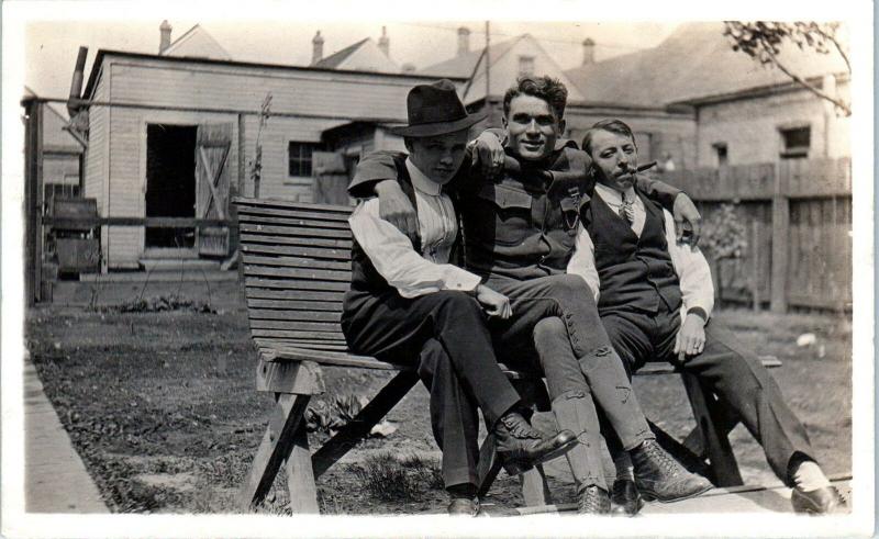 RPPC   WW1  DOUGHBOY  & His Two Buddies  ~  Gay Interest  c1910s  Postcard