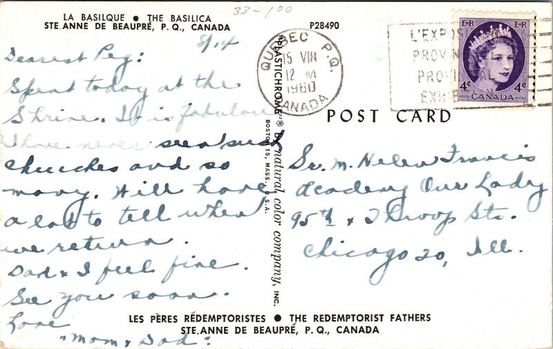 Basilica Ste Anne De Beaupre PQ Canada Postcard PM Quebec Cancel WOB Note VTG 4c 