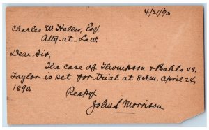 1890 Lawyer Case Trial Charles Haller JS Morrison Omaha Nebraska NE Postal Card