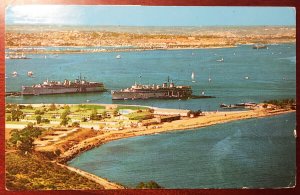 San Diego Bay CA Navy Ships Trains Center Shelter Island c1971 Postcard G63