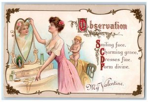 Valentine Postcard Cupid Angel Pretty Woman Heart Mirror Embossed c1910's