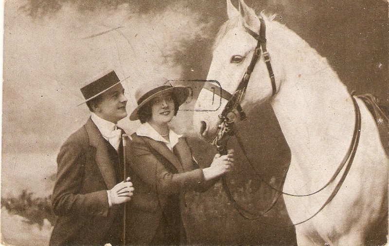 Elegant couple with their horse Old vintage antique Dutch postcrd