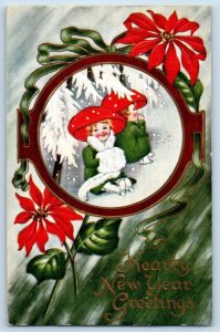 Danbury CT Postcard New Year Greetings Children Mushroom Hat Poinsettia Winter