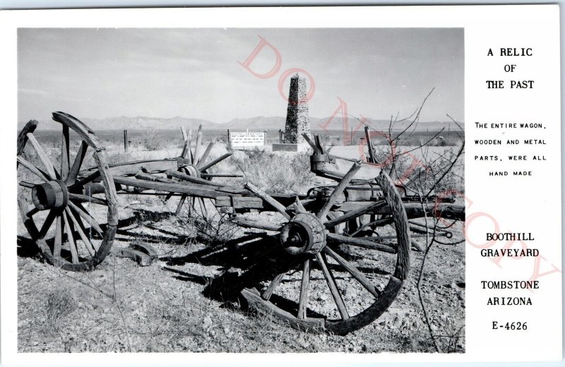 c1940s Tombstone, AZ RPPC Boothill Graveyard Hand Made Wagon Wood Ruins PC A106