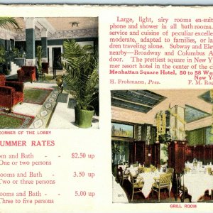 c1910s-20s Manhattan Square Hotel NYC Advertising Postcard Rates Price NY A21