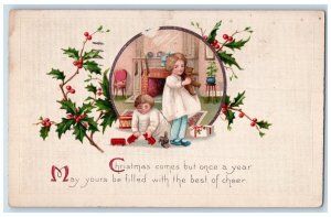1921 Christmas Holly Berries Children Playing Toy Stockings Newark NJ Postcard 
