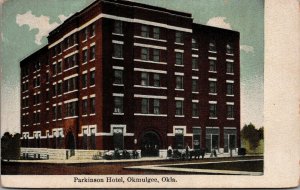 Okmulgee Oklahoma~Parkinson Hotel~Guests Out Front~Signs~1908 Postcard