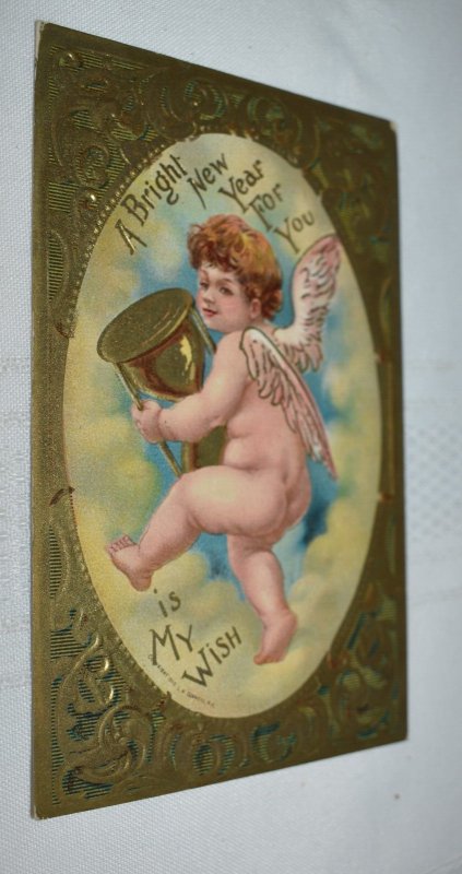 A Bright New Year for You Cherub Embossed Postcard L. R. Conwell 1910