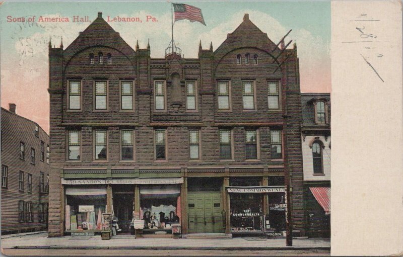 Postcard Sons of America Hall Lebanon PA 1909