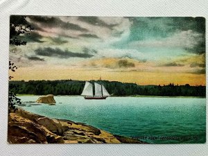 Vintage Postcard 1910's Rooster Rock Penobscot River ME Maine Sail Boat on Water